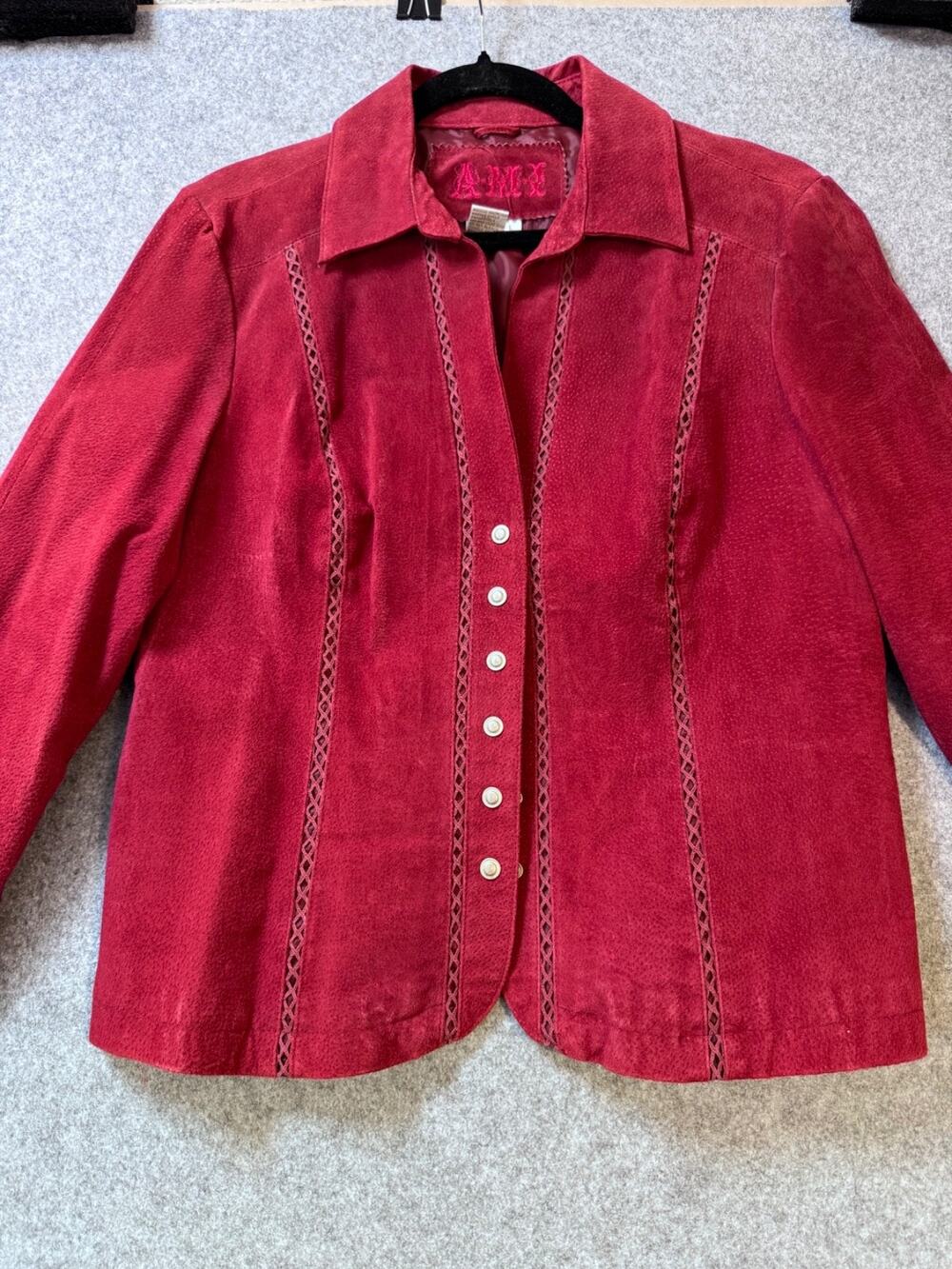 A.M.I Red Suede Leather Jacket Womens L Button Front Fitted Coat
